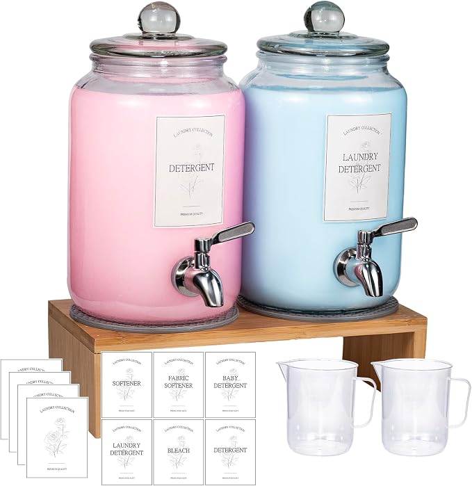 2 Pack Glass Laundry Detergent Dispenser,Sturdy glass Fabric Softener Dispenser With Leak Proof Pump,Reusable Container & Bamboo Stand-108Oz Big Laundry Soap Container For Washer Room Organization (2)