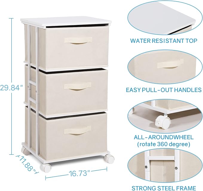 MAX Houser Dresser Tower with 3 Drawers for Bedroom, Fabric Storage Organizer Unit, Chest of Drawers with with WoodTop, Small Vertical Storage for Guest Room, Closet, Entryway(Beige) | Fabric Storage Organizer Unit, Chest of Drawers with with WoodTop, ...
