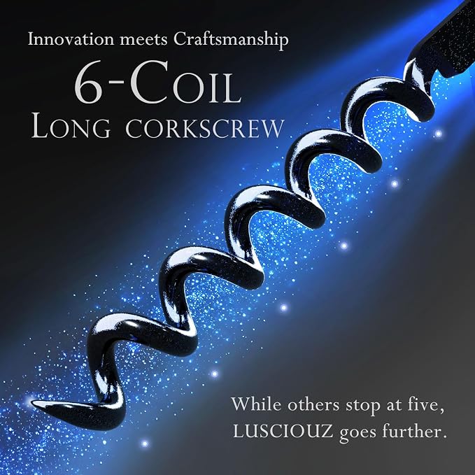 LUSCIOUZ Zero Resistance THE HELIX Elite Corkscrew Silent Wine Bottle Opener Waiters Corkscrew Wine Key (6-Coil Long Corkscrew)
