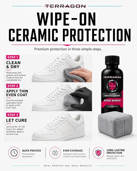 Terragon Shoe Shield 9H Ceramic Shoe Protector, 50 mL – Wipe-On Water & Stain Repellent Coating for Sneakers, Leather Shoes, Boots & Footwear, Helps Repel Grime, Mud & Everyday Messes