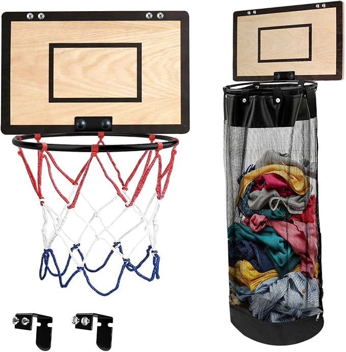 Over the Door Basketball Laundry Basket, 2-in-1 Wooden Basketball Hoop Laundry Hamper, Space Saving Hanging Organizer for Kids, Dirty Clothes Storage with Zipper for Kids Room, Dorm, Bedroom, Bathroom