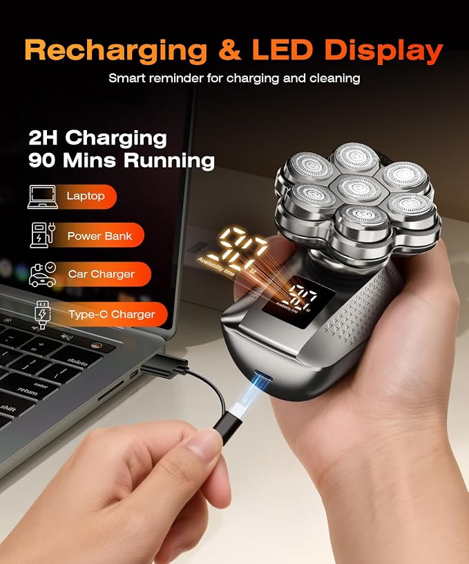 7D Head Shavers for Bald Men, Waterproof Wet or Dry Electric Razor for Men, 5-in-1 Detachable Head Shaver, Grooming Kit, LED Display/Type-C Charge, Travel-Friendly-Steel Gray