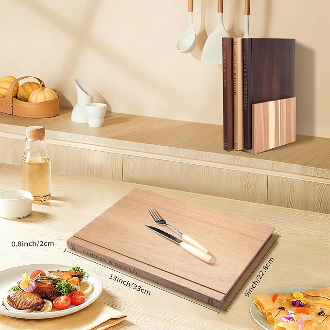 Book Cutting Board Set with Wooden Stand | Wooden Kitchen Book Shaped Cutting Board for Vegetables Cheese Meat, Chopping Board Gift Set for Home Cooks & Kitchen Decor