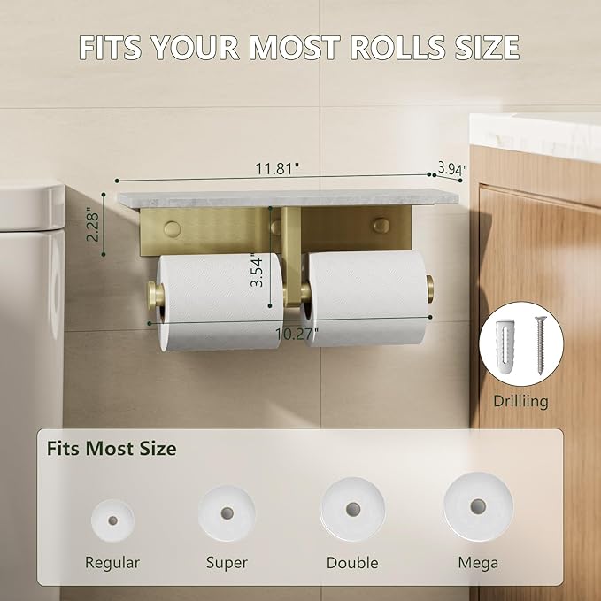 Marble Toilet Paper Holder with Shelf,Doulble Bathroom Tissue Roll Holder,304 Stainless Steel Toilet Paper Holder Wall Mounted,Modern Tissue Holder for Bathroom Washroom,Brushed Gold
