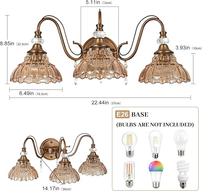 Vintage Bathroom Vanity Light, 3-Light Matte Antique Brass Finish Wall Sconce with Hanging Crystal Accents and Flower-Shaped Amber Glass Shades, Retro Wall Mount Vanity Light Over Mirror for Bathroom