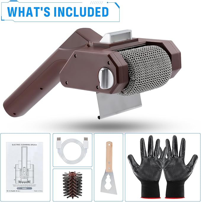 Electric Grill Brush, 350 RPM BBQ Automatic Grill Cleaner with 2 Replace Cleaning Heads, 2600mAh Battery Power Grill Scrubber for Outdoor Flat Top, Cast Iron, Barbecue Grates, Brown