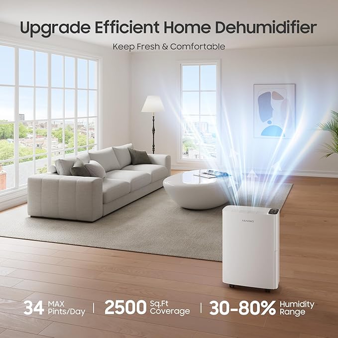 ASAHWo 2500 Sq.Ft Dehumidifier for Basement with Drain Hose Max 34 Pints, Dehumidifiers for Home, Bathroom, Bedroom, 4 Pre-Set Modes, Intelligent Humidity Control, Dry Clothes Quiet Operation