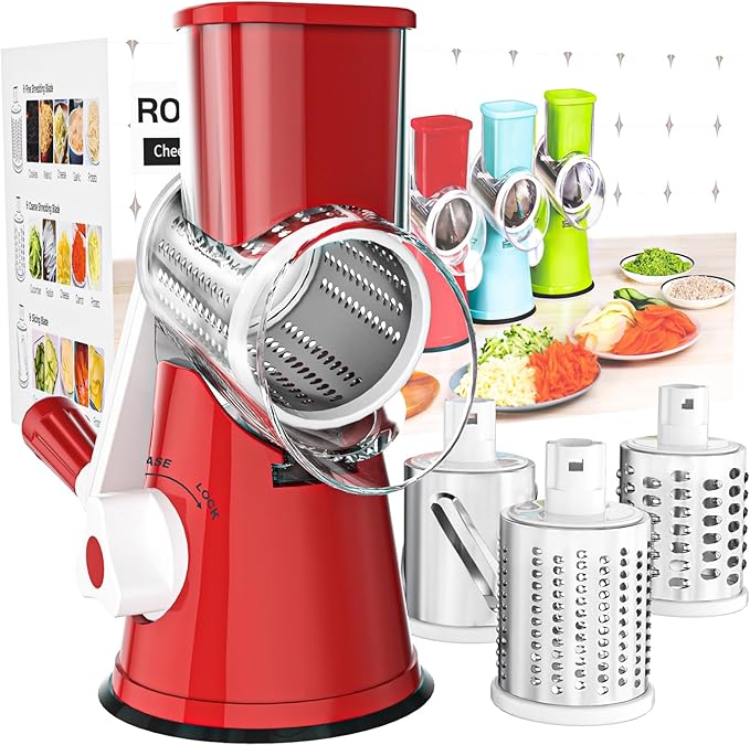 Cambom Rotary Cheese Grater Hand Crank Cheese Shredder for Fresh Cheese, Vegetable, Nuts,Non-slip Suction Base，Three Blades,Red