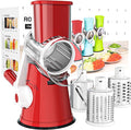 Cambom Rotary Cheese Grater Hand Crank Cheese Shredder for Fresh Cheese, Vegetable, Nuts,Non-slip Suction Base，Three Blades,Red