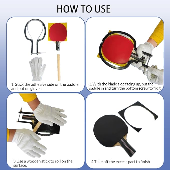 Table Tennis Rubber Cutter Kit - Adjustable Arc Bow Knife Design Fits All Racket Curves.4-Piece Set.Cutting Knife - Roller - Gloves - Table Tennis Bat Replacement Rubbers Sheet.