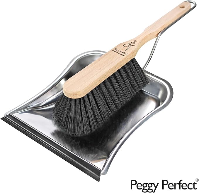 Premium Broom Set with Beech Wood Broom, Stainless Steel Dustpan and Pointed Rubber Edge - Hand Broom with Synthetic Hair Mixture - Attachable Dustpan and Broom