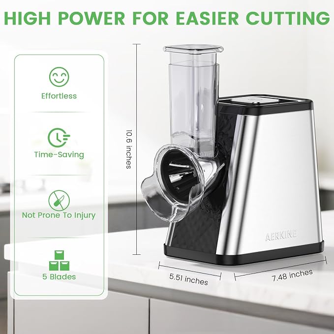 Electric Cheese Grater for Block Cheese - Electric Vegetable Chopper with 5 Blades, Automatic Shredder for Potato Carrot Cucumber Cabbage Onion Kitchen Essentials