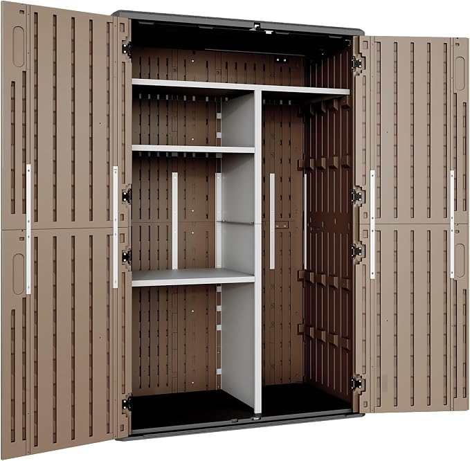 Aoxun 64 Cu.Ft Waterproof Resin Outdoor Shed with Floor & Shelving, Brown | Vertical waterproof storage cabinet with metal shelving kit, stores garden tools & pool equipment outdoors