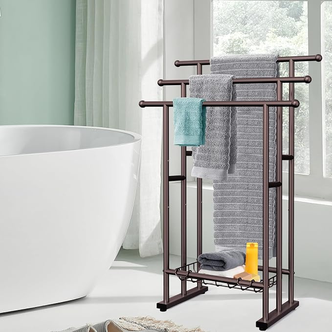 Kayfia 40" Tall Standing Towel Racks for Bathroom, 3 Tier Towel Rack Stand with Storage Basket, Blanket Ladder Drying and Display Rack for Oversized Bath Towel, Next to Tub Or Shower
