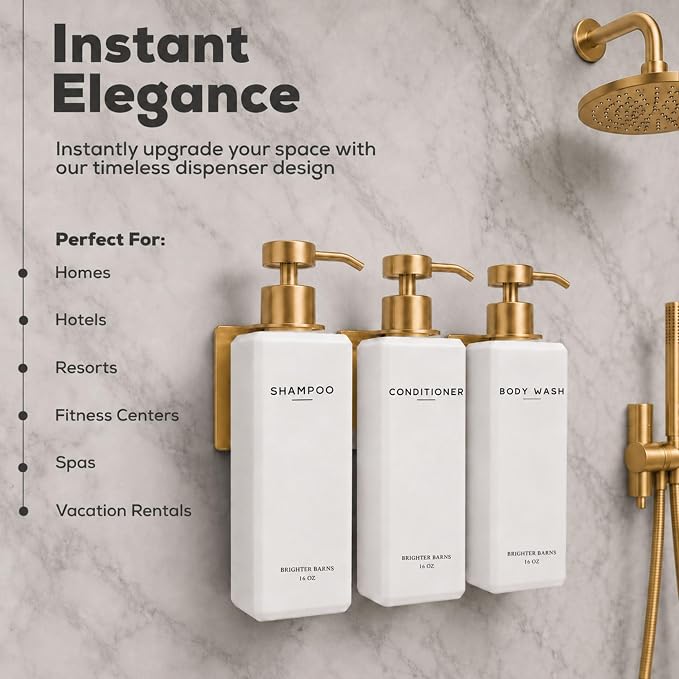 Luxury Shampoo and Conditioner Dispenser Set Wall Mounted by Brighter Barns - Refillable Shampoo Conditioner Body Wash Dispenser - No Drill Shower Soap Bottles for Guest Bathroom Decor, Airbnb (Gold)