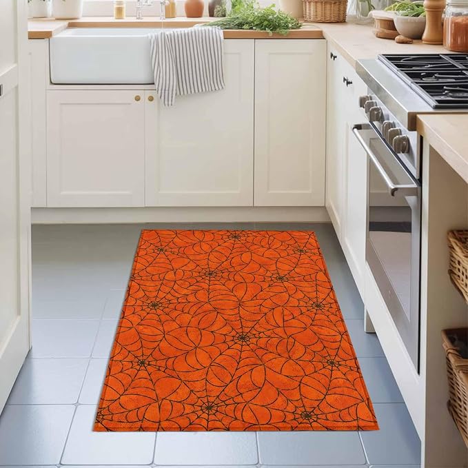 Entryway Area Rug 2'x3', Orange Halloween Washable Small Area Rugs for Kitchen Bathroom Bedroom Office Laundry, Black Spiders Net Classic Gingham Non Slip Door Mat Indoor Entrance Floor Throw Carpet