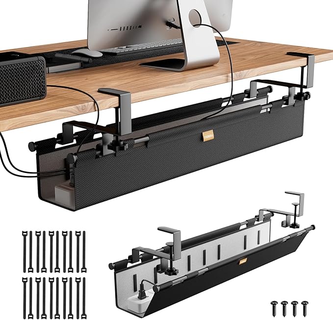 Cable Management Tray Under Desk, 38" No Drill Standing Desk Cable Organizer with Clamp/Screw Mount,Wire Cord Organizer for Table, Cable Tray for Office, Home