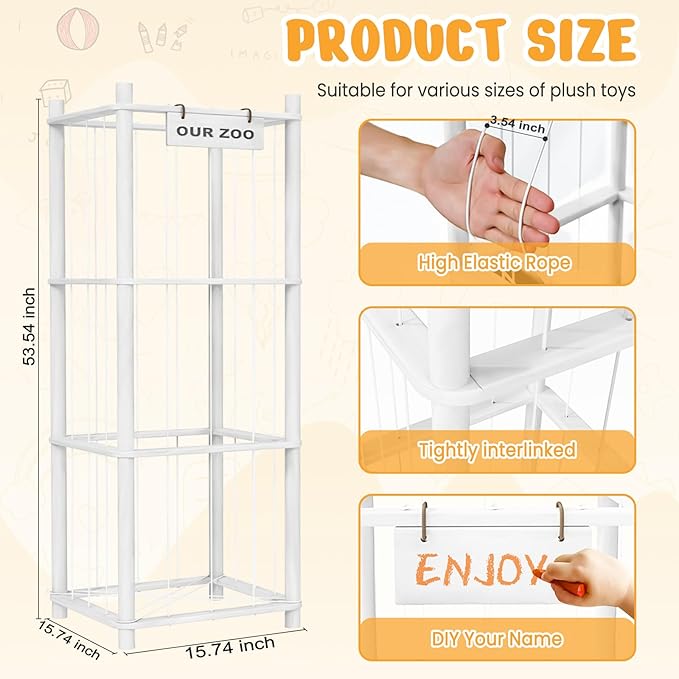 Woodure Stuffed Animal Storage & Organizer, Wooden Cute Zoo Toy Holder for Toddler Rooms, Playrooms & Bedrooms（White）