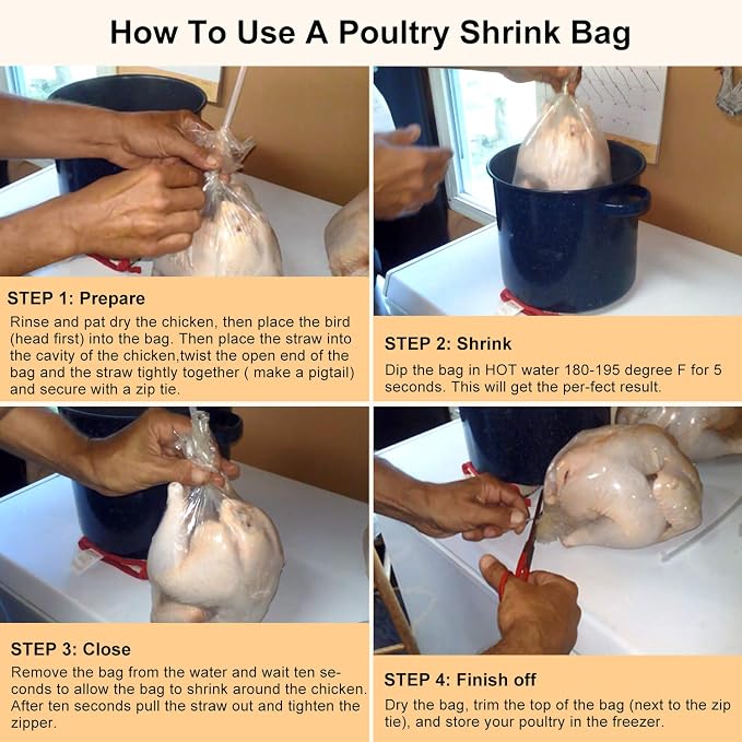 Large Turkey Shrink Bags 30Pcs 16x30In Chicken Bags Heat Shrink for Freezer | with Zip Ties, Silicone Straw for Turkey, Chickens, Rabbits