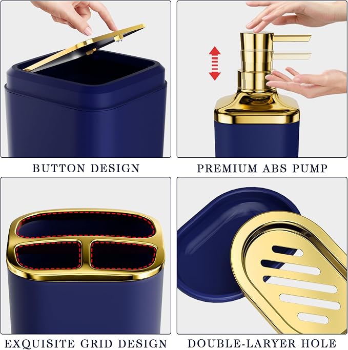 XLHOMO Bathroom Accessory Set - 24PCS Luxury Bathroom Accessories Set, Bathroom Sets with Shower Curtain and Rugs, Blue Bathroom Set with Trash Can, Toothbrush Holder & Soap Dispenser for Home Decor