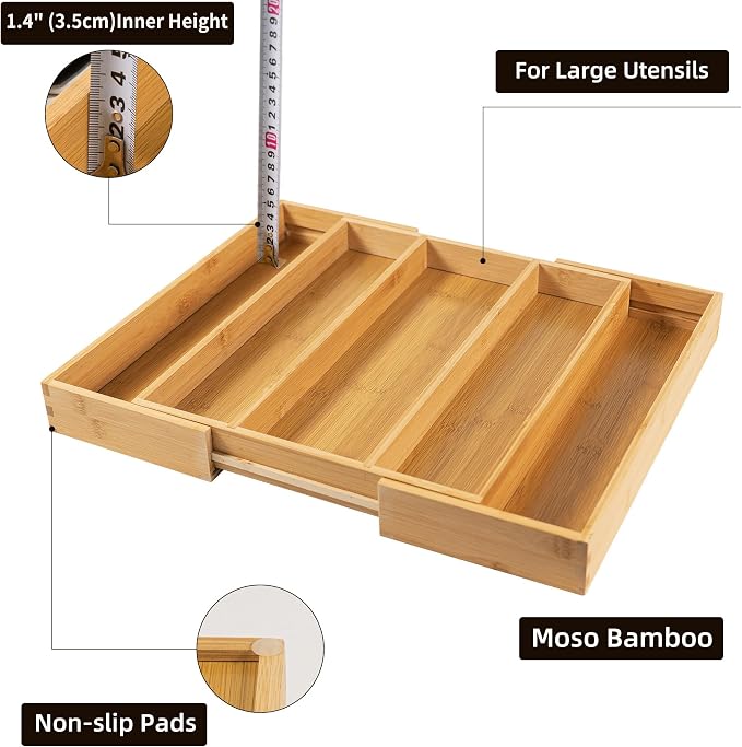 Utoplike Drawer Organizer Kitchen Utensils, Expandable Bamboo Cutlery Tray | Extendable Silverware Holder for Drawer, Flatware Caddy for Organized Kitchen, Apartment and RV, 3-5 Slots