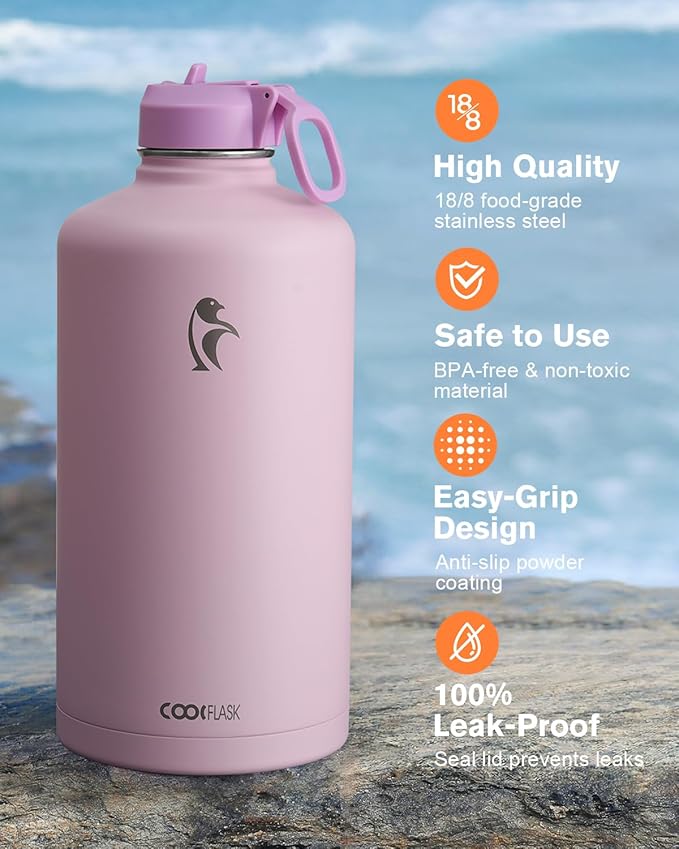 Coolflask 128 oz Gallon Water Bottle Insulated with Straw&3 Lids, Water Jug Large Stainless Steel Metal Vacuum Wide Mouth for Sports, Gym or Office, Non-BPA Keep Cold 48H Hot 24H, Pink