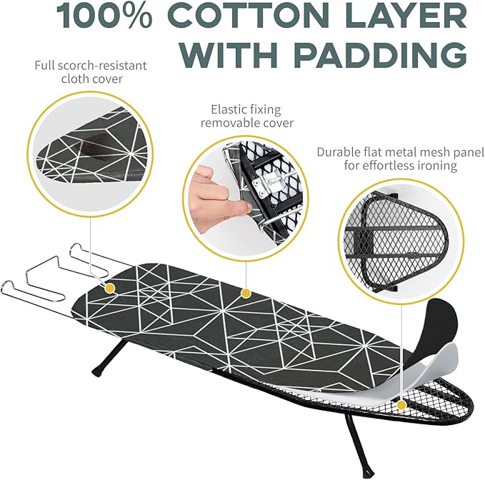 Small Ironing Board Tabletop Foldable, RAINHOL Space-Saving Iron Board, Compact and Portable for Travel and College, with Hook and Iron Holder, Steel Mesh, 32" x 12", Black and White Stripes