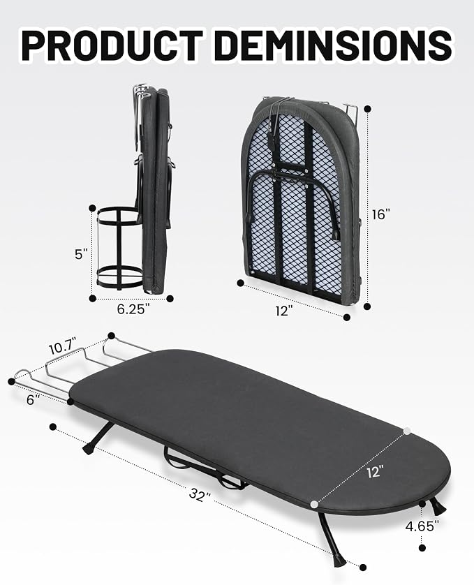 ZOES HOMEWARE Metal Mesh Panel Tabletop Ironing Board with Iron Holder & Rest, Small Tabletop Ironing Board, Compact Mini Iron Board with 8mm Thicken 100% Cotton Pad, 32"x12"x4.8"