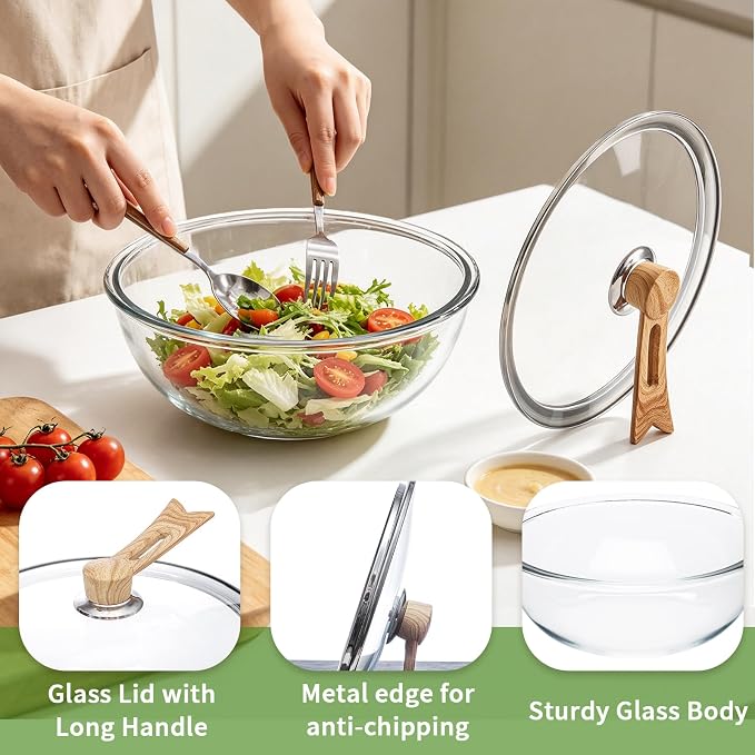 6.5 Qt Large Glass Mixing Bowl with Glass Lid, Clear Glass Bowl for Sourdough Salad Bowls with Lid & Long Handle,Thickened Glass Big Mixing Bowls Cooking Bowl for Food Prep, Kitchen,Dinner