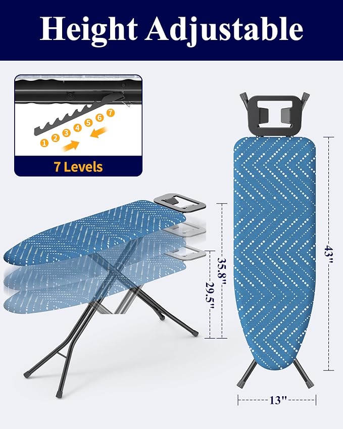 Kitsure Folding Ironing Board - Height Adjustable Iron Board in Full Size, Wobble-Free & Heavy-Duty Ironing Board with Cover and Pad for Heat Resistance, Blue, 43"L x 13"W x 35.8"H, Garment Steamer