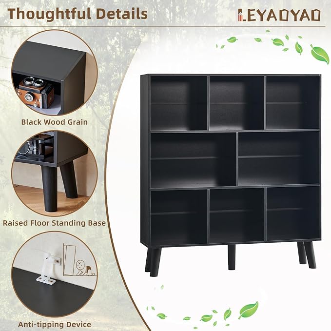 LEYAOYAO 8 Cube Bookshelf,Mid-Century Modern Book Shelf with Legs, Black | 3 Tier Bookcase, Rustic Wood Bookshelves Freestanding Large Storage Organizer, Open Shelves for Bedroom, Living Room, Office