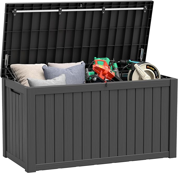 Outdoor Storage Box, 180 Gallon Large Outdoor Resin Deck Box, Storage Waterproof Boxes Lockable Lid for Garden Tools, Pool Supplies, Patio Furniture and Cushions, Black