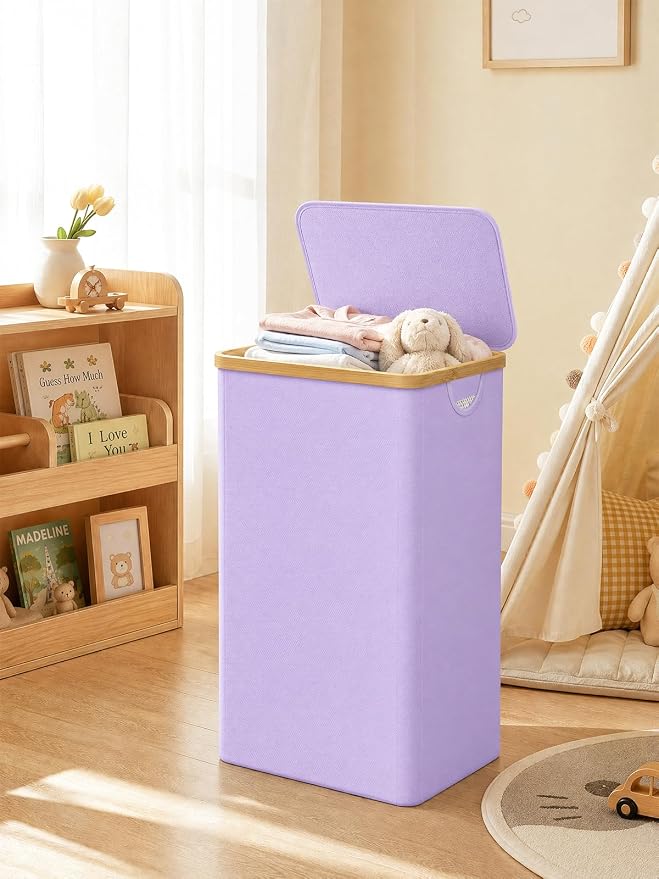 iEGrow Laundry Hamper with Lid, 110L Large Laundry Basket with Removable Bag, Clothes Basket Hamper with Bamboo Frame for Clothes Towels Organizer- Purple