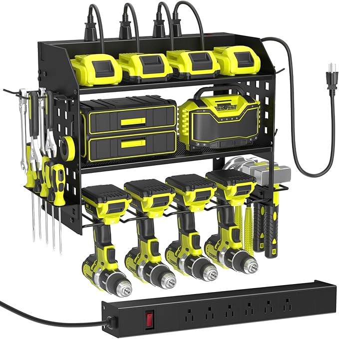 SUNALLY Power Tool Organizer Wall Mount with Charging Station,3 Layer Heavy Duty Metal Tool Storage Rack with 4 Drill Holders, Power Tool Shelf for Garage, Warehouse, Workshop, Gifts for Men, Husband