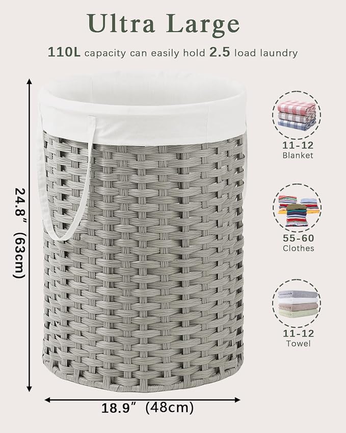 SETVSON Laundry Basket Round Rattan Laundry Hamper 29.1 Gal(110 L) Handwoven Large Wicker Basket with Handles, Wicker Hamper with Removable Bags and 2 Mesh Bags for Bathroom Living Room Gray(No Lid)