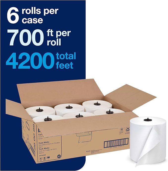 Tork Matic Soft Hand Towel Roll & Matic Paper Hand Towel Roll White H1, Universal, 100% Recycled Fiber, 6 Rolls x 700 ft, 290089