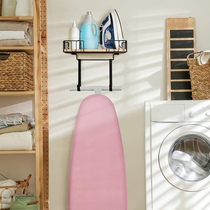 TJ.MOREE Ironing Board Hanger Metal Wall Mount Iron and Ironing Board Holder, Laundry Room Decor and Storage with Large Storage Black Wooden Base Basket and Removable Hooks