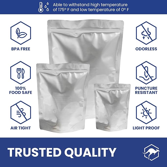 Wallaby 100ct Multi-Size Mylar Bags, 400cc Oxygen Absorbers, 15 & 10 Mil Total Thickness, 1-Gal, 1-Qt, 1/2-Pt, Stand-Up, Zipper & Heat-Sealable, Gusseted Zipper Bags for Long-Term Food Storage