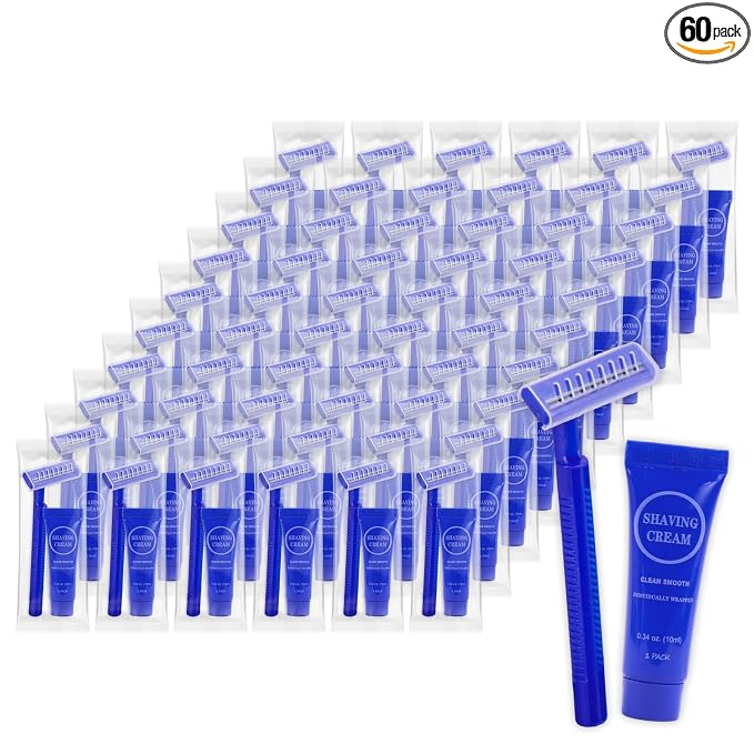Disposable Razor Shaving Cream Set, Individually Wrapped Manual Twin Blade Shaving Razors in Bulk with Mini Smooth Shaving Cream Toiletries for Hotel Charity Camping Travel Homeless 0.34oz (60 Pack)