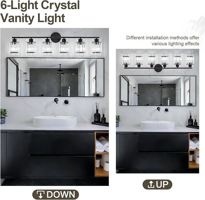 Crystal Bathroom Light Fixtures, Bathroom Lighting Fixtures Over Mirror, Modern Black Gold 5-Light Vanity Lights for Mirror,Restroom, Bedroom (Ceramic E26 Socket,Bulbs Not Include)