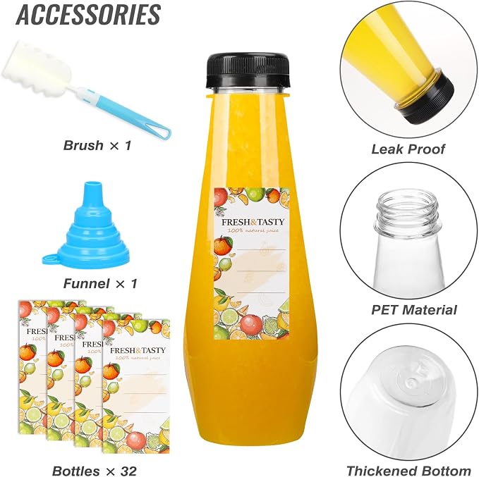 TOMNK 32pcs 12oz Juice Bottles, Empty Plastic Juicing Bottles with Caps, Cone Reusable Bottles Clear Bulk Beverage Containers for Juicing, Drinking, Milkshake, Tea and Other Beverages