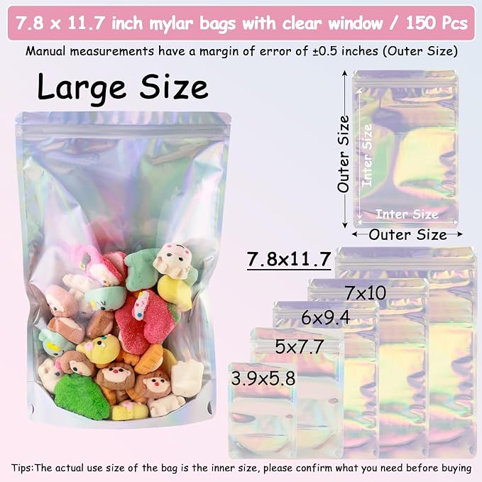 150 Pcs Mylar Bags for Food Storage, 8x12 Mylar Bag with Window Stand Up, Large Holographic Resealable Bags Smell Proof Bag Food Packaging for Small Business Freeze Dried Candy Jewelry Foil Packaging