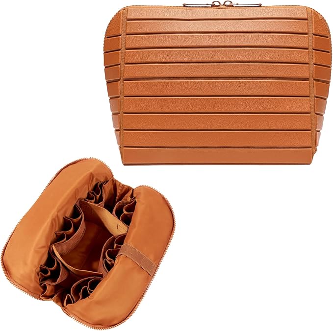 Travel Makeup Organizer Bag with Fold-Down Design and Adjustable Dividers, 27 Pockets & 3 Brush Storage Holders, Large Capacity Cosmetic Bags Toiletry Case - Brown