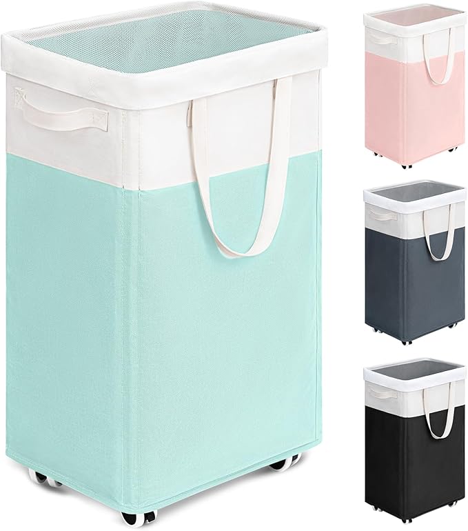 Goodpick Laundry Basket with Wheels, 75L Laundry Hamper with Wheels, Large Laundry Basket with Removable Wash Bag, Clothes Hamper for Laundry, Blue&White