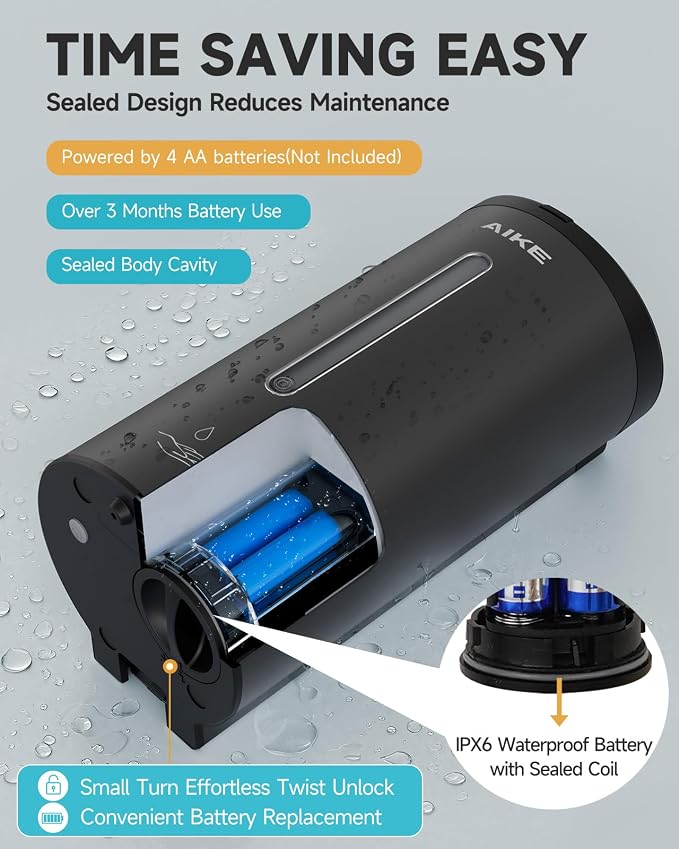 AIKE Automatic Liquid Soap Dispenser,25oz Capacity for Bathroom,Matteblack | No-Drill and Screw Wall Mount Install Design for Space-Saving,4*AA batteries(Not Included) Ensure Long Standby,Model AK1205E