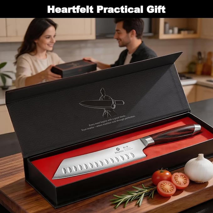 imarku Japanese Santoku Knife 7 Inch, 10Cr15CoMoV 3-Layer Stainless Steel | Ultra-sharp hollow-edge kitchen chef knife 59±2 HRC, lasting sharpness & rust resistant, ergonomic Pakkawood grip, gift-ready