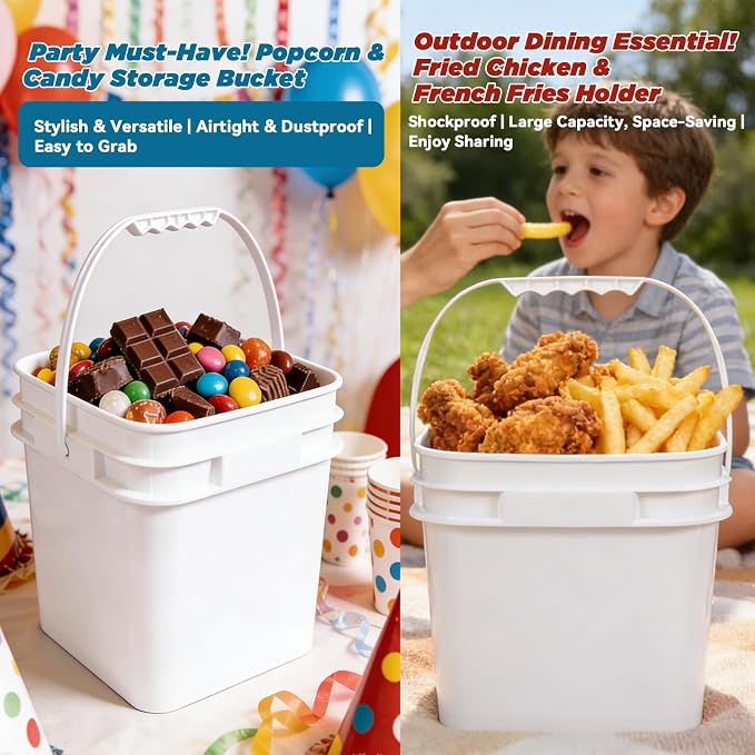 Square Clear Plastic Bucket Set - 4 Packs Airtight Storage Containers with Pressure Lids & Handle, Food Grade for Home & Outdoor (White, 1.3 gal)