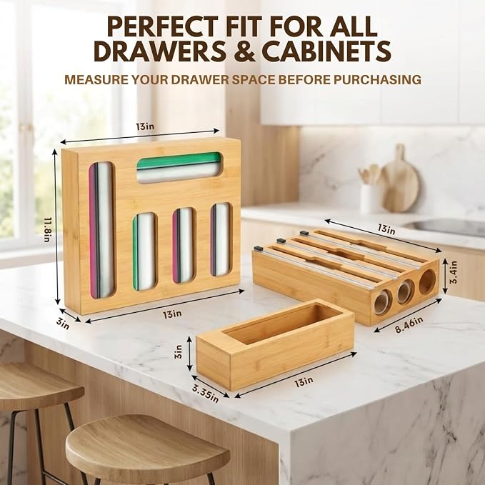 9 in 1 Bamboo Kitchen Drawer Organizer for Storage Bags, Foil & Plastic Wrap Holder with Built-In Cutter, Fits Gallon, Quart, Sandwich, and Snack