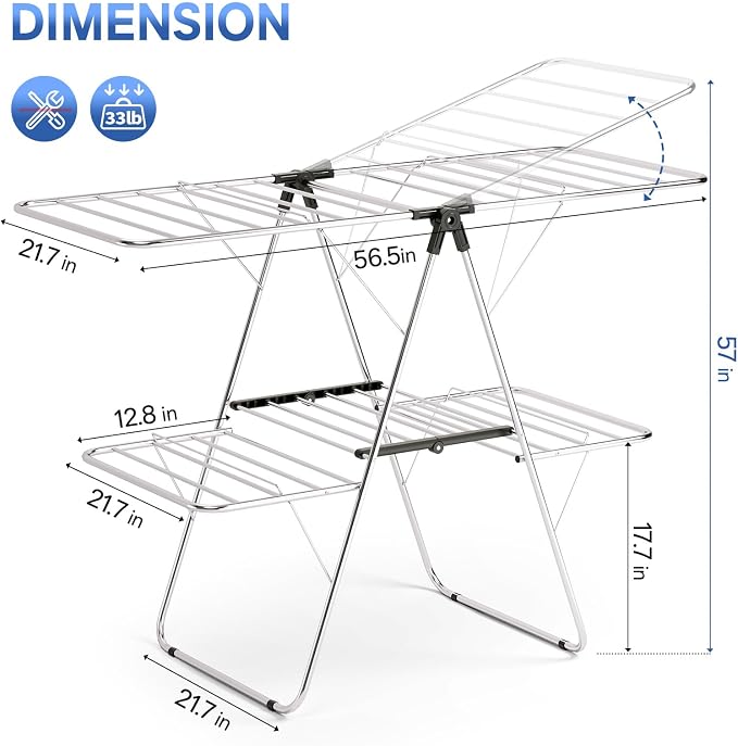 APEXCHASER Clothes Drying Rack, Foldable 2-Level Drying Rack Clothing, Stainless Steel Free-Standing Laundry Airer, with Height-Adjustable 4 Wings, Matte Black