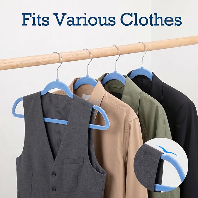 HOUSE DAY Tranquil Blue Velvet Hangers 60 Pack, Non Slip Clothes Felt Hanger Heavy Duty for Coat, Premium Slim Space Saving Suit Hangers for Closet Organizer, 360° Rotating Silver Hook